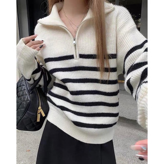 Áo len polo khoá kẻ ngang