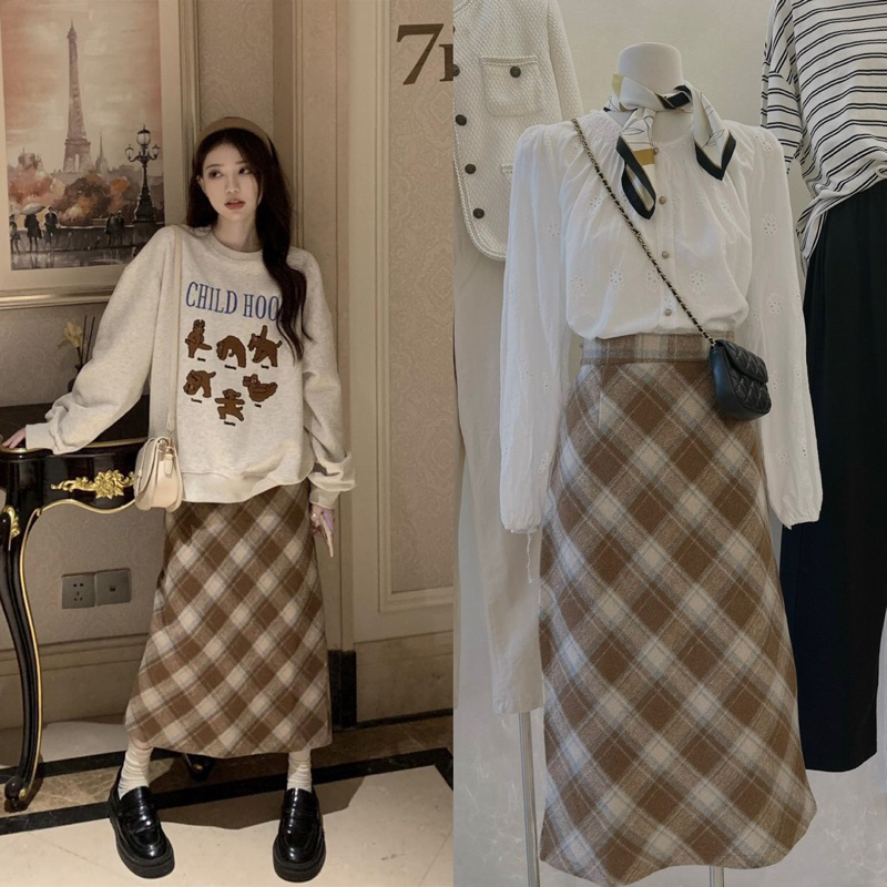 CHÂN VÁY DẠ KẺ DÀI MIDI CARO SKIRT Y JIA Studio doubleh.clo - Chân váy chữ A dáng dài lưng cao kẻ caro xẻ sau vintage HQ