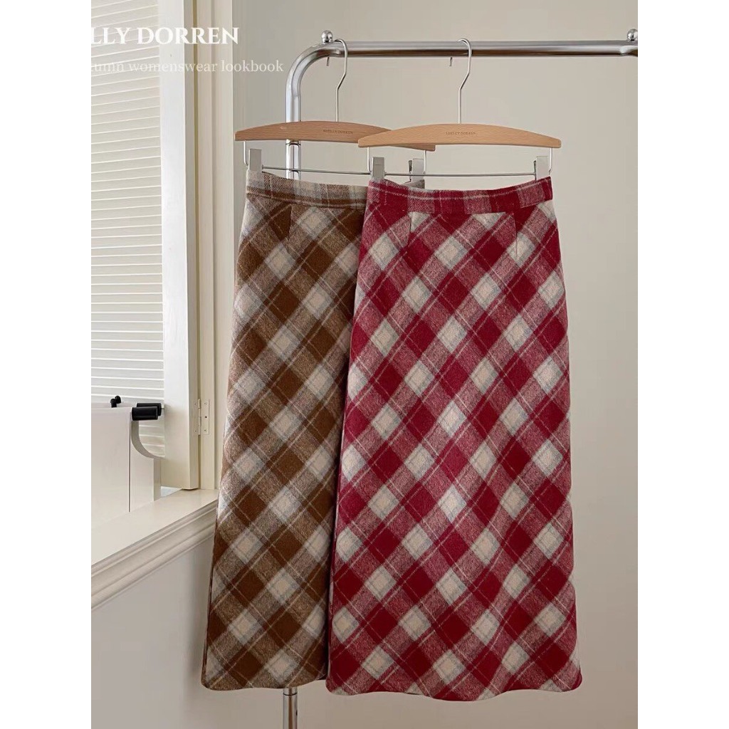CHÂN VÁY DẠ KẺ DÀI MIDI CARO SKIRT Y JIA Studio doubleh.clo - Chân váy chữ A dáng dài lưng cao kẻ caro xẻ sau vintage HQ