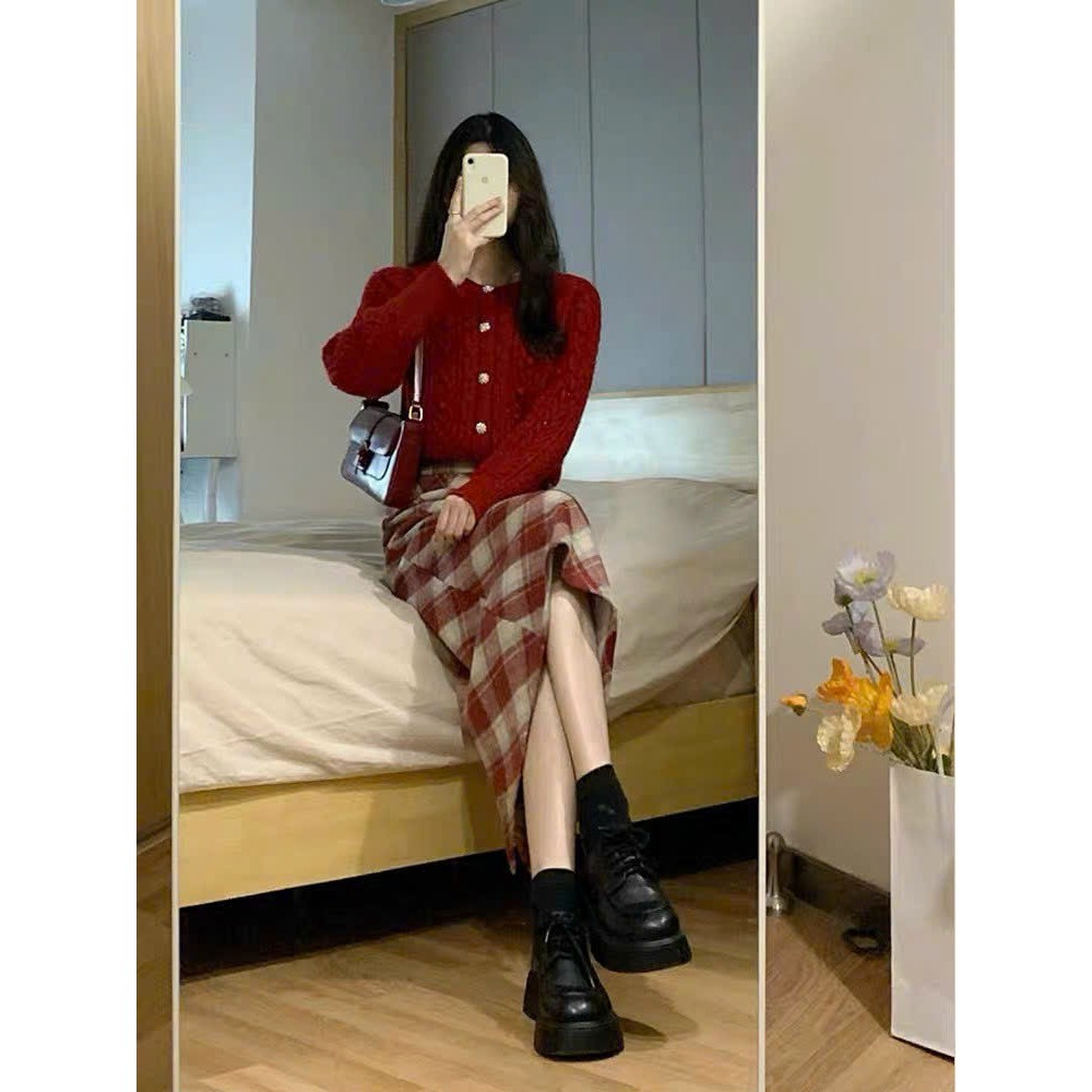 CHÂN VÁY DẠ KẺ DÀI MIDI CARO SKIRT Y JIA Studio doubleh.clo - Chân váy chữ A dáng dài lưng cao kẻ caro xẻ sau vintage HQ