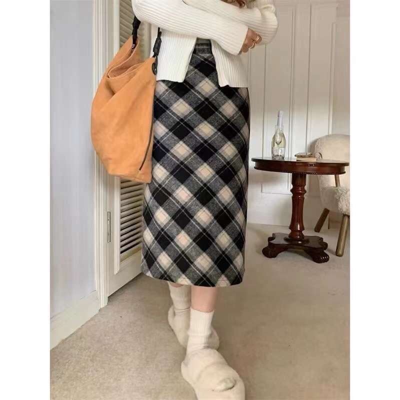 CHÂN VÁY DẠ KẺ DÀI MIDI CARO SKIRT Y JIA Studio doubleh.clo - Chân váy chữ A dáng dài lưng cao kẻ caro xẻ sau vintage HQ