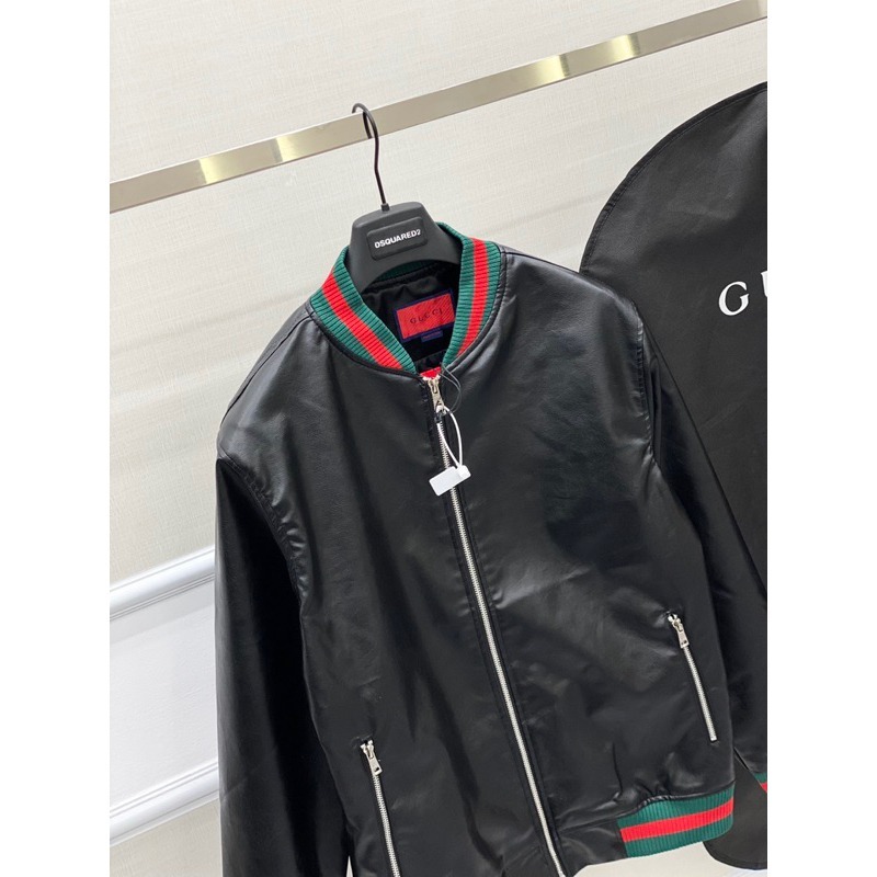 Áo khoác da bomber jacket GC nam nữ trơn bóng phối bo chun sọc xanh đỏ khoá zip