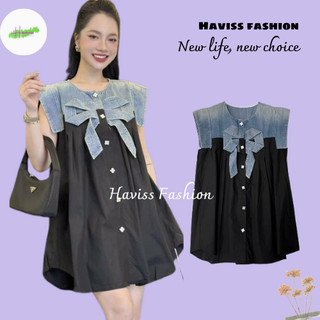 Sơ mi tiểu thư Haviss vải denim nơ phối bò thiết kế cố tròn cánh tiên đính cúc hoa trước cộc tay phong cách sang chảnh