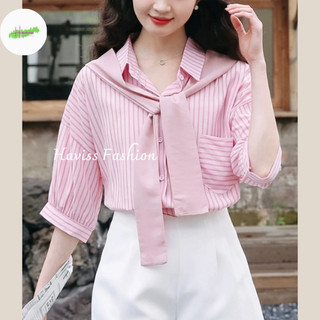 Sơ mi thủy thủ Haviss sơ mi thủy thủ kẻ sọc kiểu cổ quàng khăn phong cách đơn giản năng động thời trang Hàn Quốc