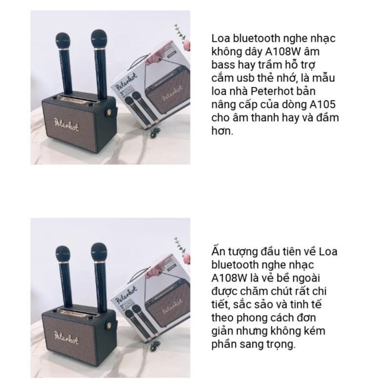 Loa Bluetooth Peterhot A108W Chính Hãng, Loa Karaoke Không Dây Kèm 2 Mic, Nghe Nhạc Cực Đã
