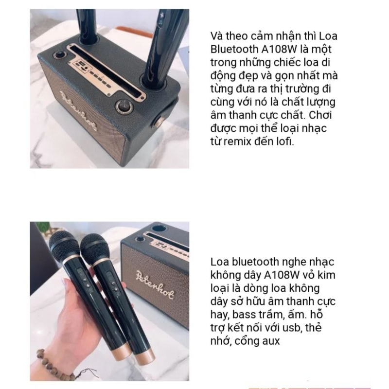 Loa Bluetooth Peterhot A108W Chính Hãng, Loa Karaoke Không Dây Kèm 2 Mic, Nghe Nhạc Cực Đã