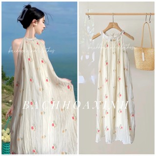 2 LỚP Váy cổ yếm form xoè maxi sang trọng tơ đũi nhăn hoạ tiết hoa Ulzzang