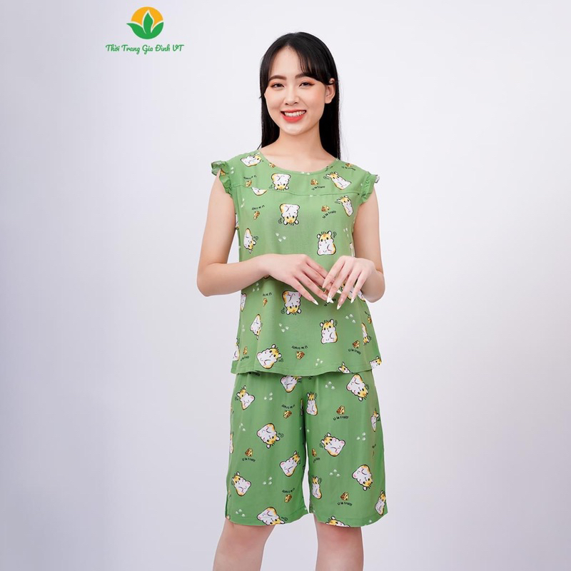 Bộ mặc nhà nữ quần lửng, tay cánh tiên hoạ tiết chất lanh (rayon) Việt Thắng - B05.2310