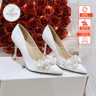 [FULL BOX] Giày cưới cô dâu 9cm - Giày nữ cao gót hoa đính lụa tiểu thư - Phom rộng 1.5 (Chân gầy, mỏng nên lùi size)