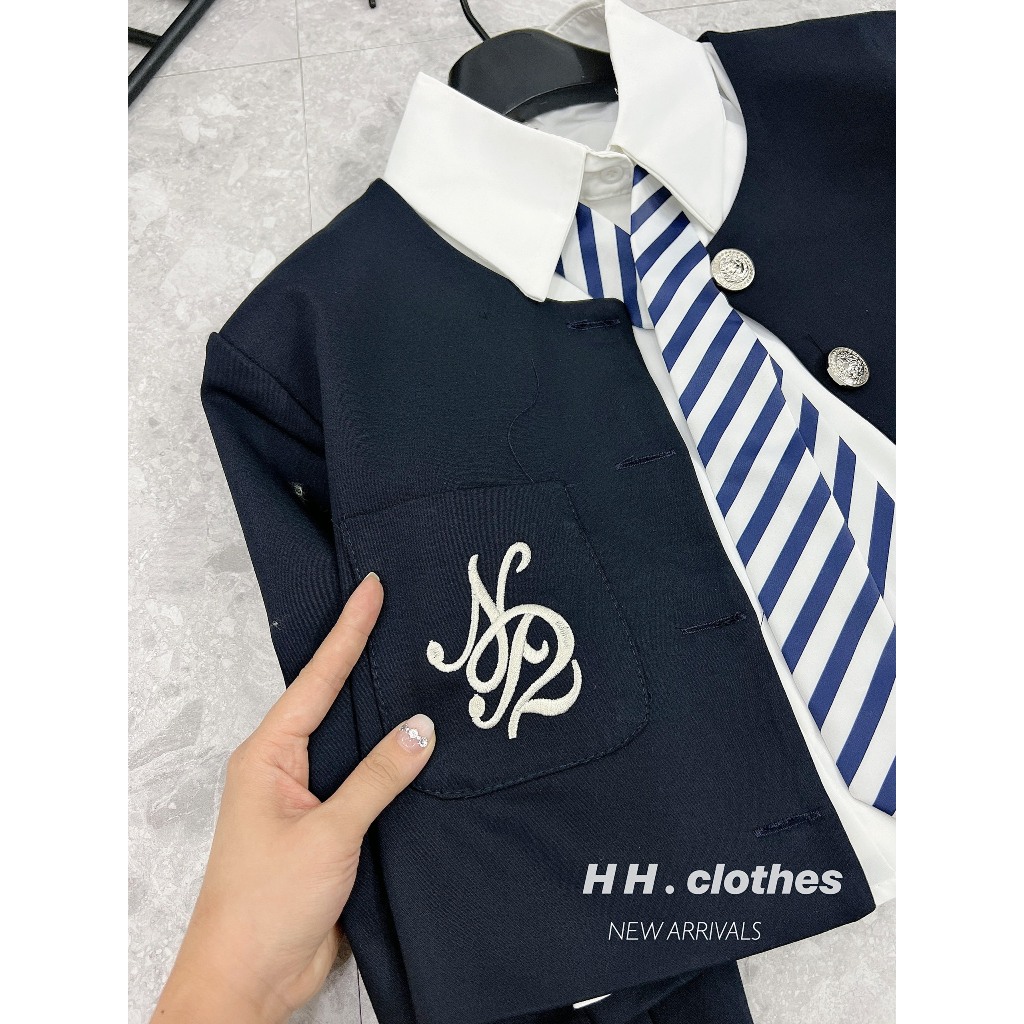 Sét 4 Món Áo Khoác Vest Crop Tay Dài Áo Sowmi + Cà Vạt + Chân Váy Ngắn Xếp Ly_JS45