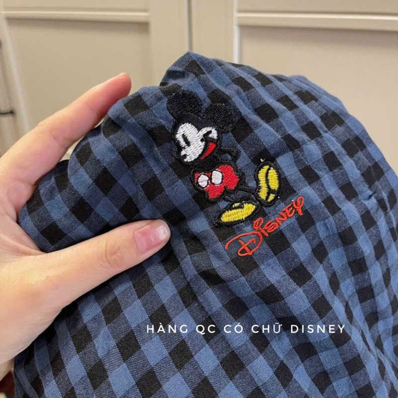 Quần suông kẻ caro xanh thêu Mickey
