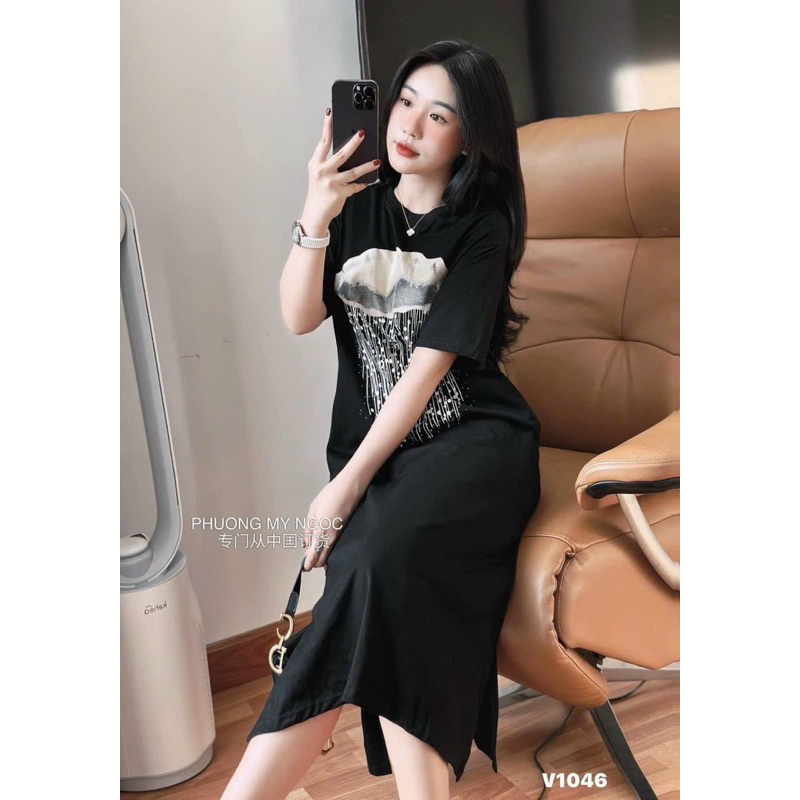 Váy thun đám mây dáng xuông 2 túi có xẻ tà