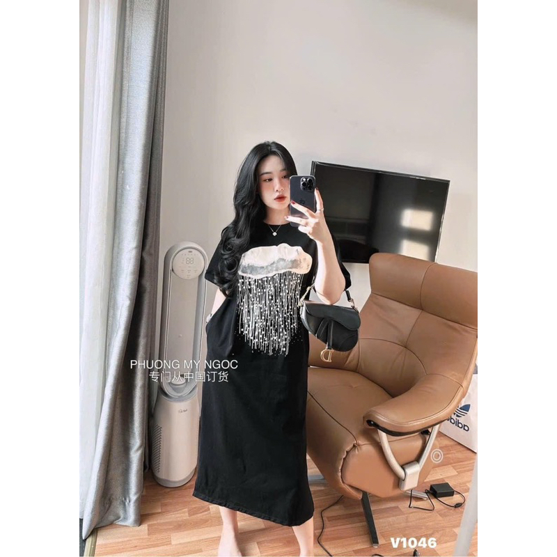 Váy thun đám mây dáng xuông 2 túi có xẻ tà