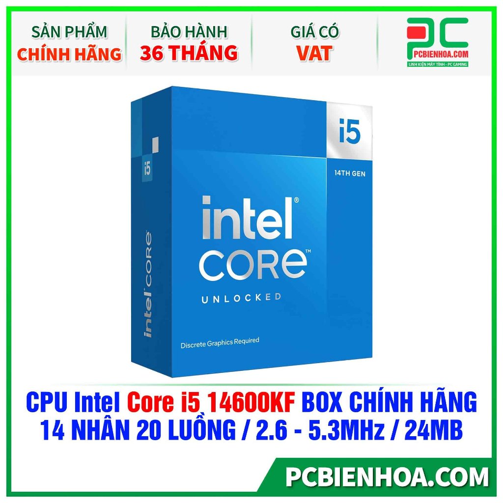 Bộ vi xử lý Intel Core i5 14600KF / Turbo up to 5.3GHz / 14 Nhân 20 Luồng / 24MB / LGA 1700- HÀNG CHÍNH HÃNG 36T