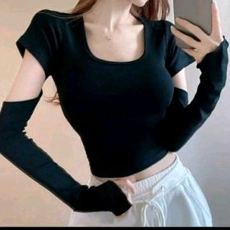 Áo thun croptop tay dài cổ vuông SM09