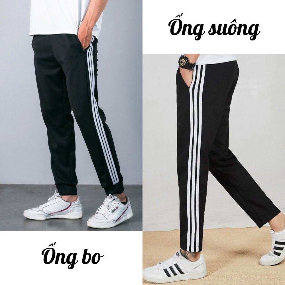 Quần 3 Sọc Nỉ Thể Thao Nam Nữ HT Chất Poly Co Giãn 4 Chiều Dày Dặn Có Túi Khóa Ống Xuông Ống Bo Từ 40-85kg