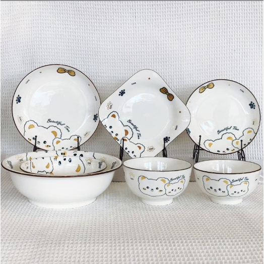 Bát đĩa gấu trắng BDIAR12 cute dễ thương đựng thức ăn chụp ảnh Decor Ăn Cơm Ăn Chè Bộ Chén Dĩa 12,5cm 17,5 cm
