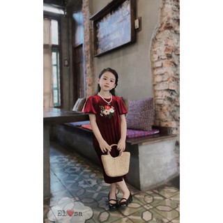 Váy đầm suông nhung đỏ hoa thêu cho bé gái