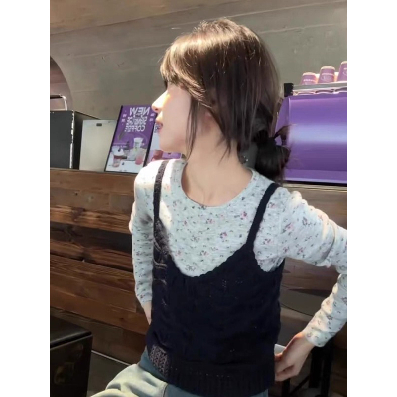 Set áo len xám+yếm đan len