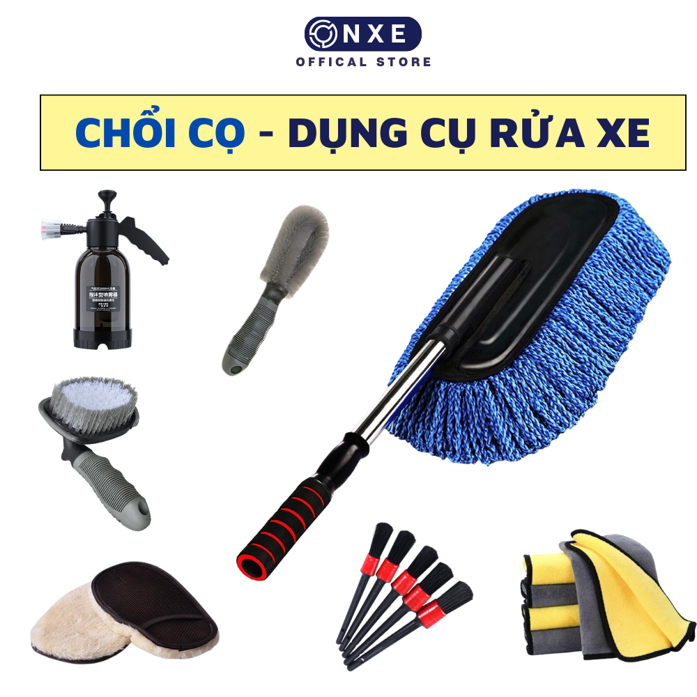 Chổi cọ nóc cọ lốp ô tô cùng khăn lau xe và bộ dụng cụ rửa xe cán dài có thể điều chỉnh cùng bình xịt bọt tuyết nước rửa