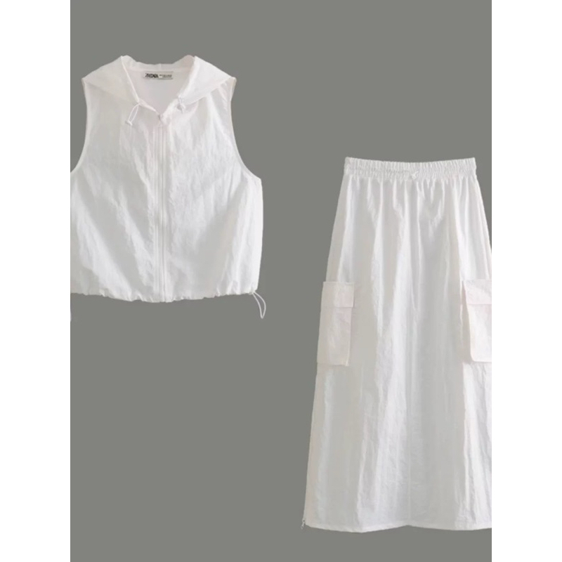 Morocco Zara Áo Khoác kí giả khôngTay Có Mũ + Chân Váy Lưng Cao