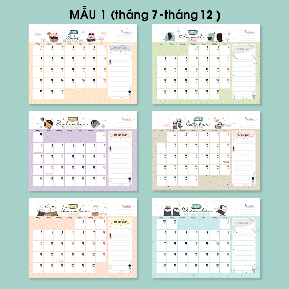 Lịch để bàn ÂM DƯƠNG 2024, ghi chú ngày lễ Việt Nam, lịch bàn 2024,tone màu pastel dễ thương