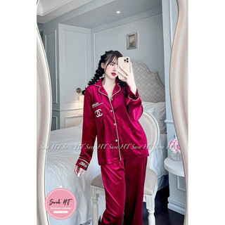 Bộ Pyjama mặc nhà chất nhung mềm viền chữ logo
