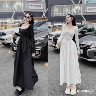 Đầm thun gân tay dài phối tùng lụa kiểu dáng xòe dài kiểu dáng bánh bèo dễ thương