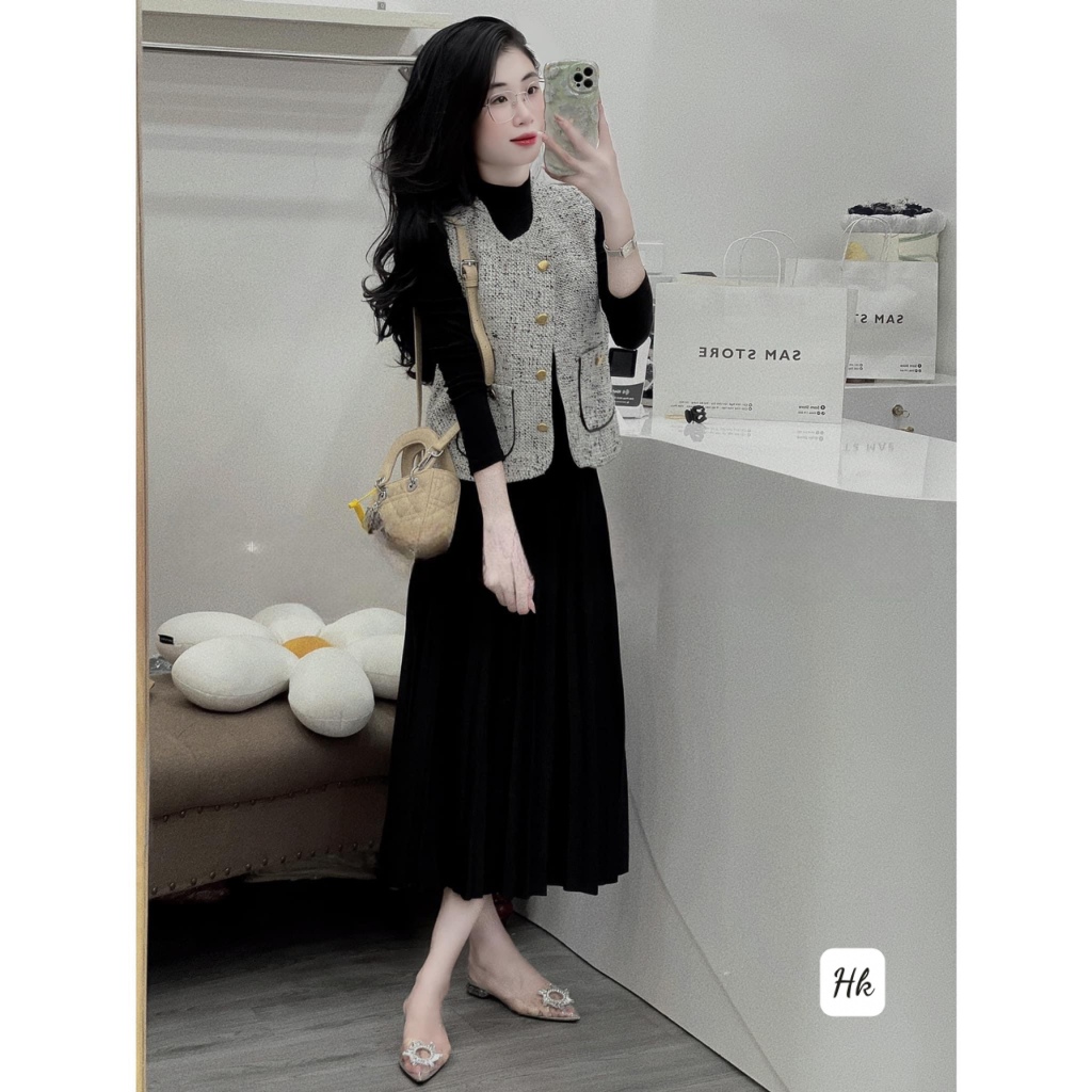 Set/bộ váy kèm áo khoác dạ nữ kiểu siêu đẹp, Váy body xoè dài tay mix áo gile dạ hàng QC - Anna.Store