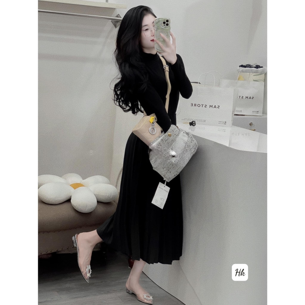 Set/bộ váy kèm áo khoác dạ nữ kiểu siêu đẹp, Váy body xoè dài tay mix áo gile dạ hàng QC - Anna.Store