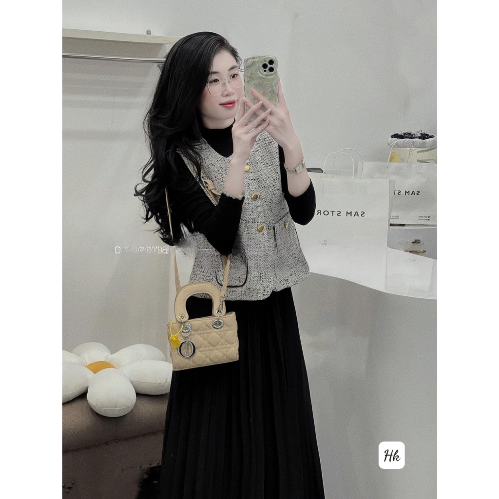 Set/bộ váy kèm áo khoác dạ nữ kiểu siêu đẹp, Váy body xoè dài tay mix áo gile dạ hàng QC - Anna.Store