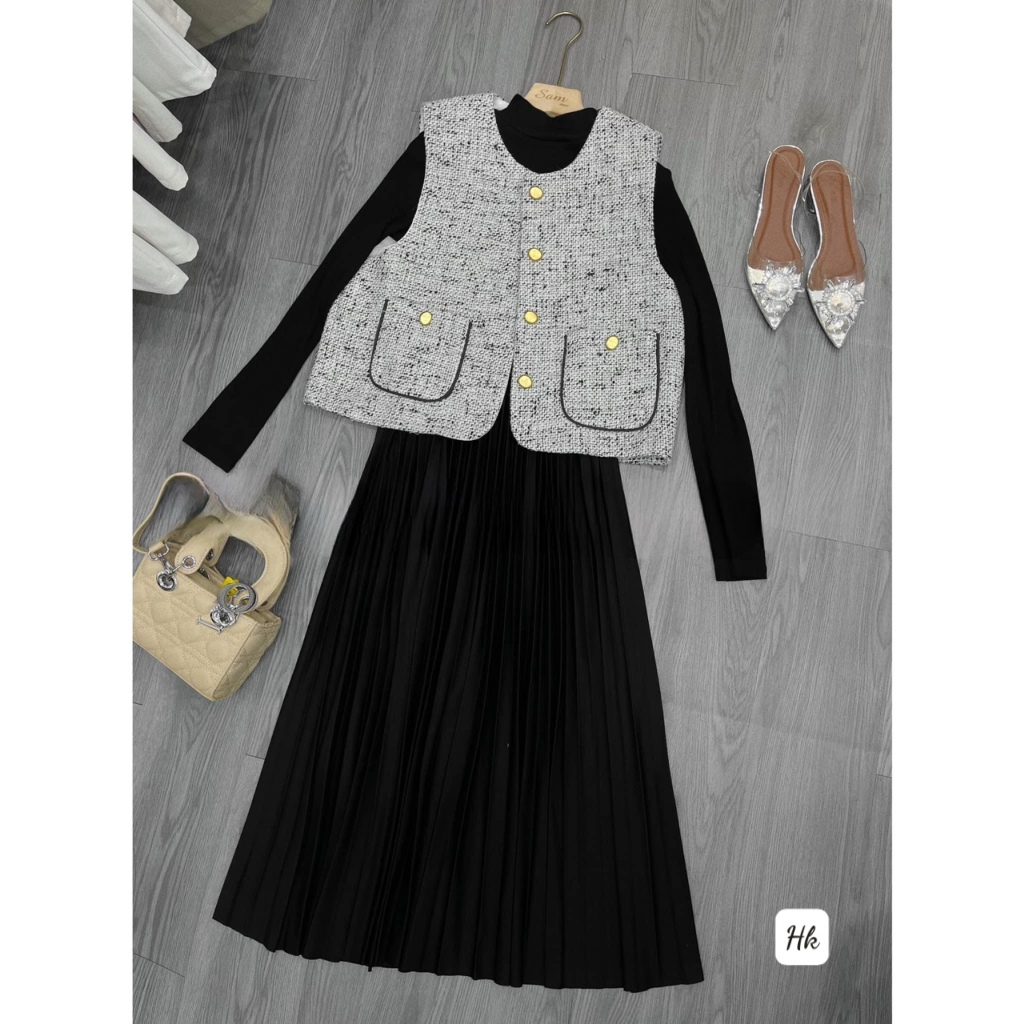 Set/bộ váy kèm áo khoác dạ nữ kiểu siêu đẹp, Váy body xoè dài tay mix áo gile dạ hàng QC - Anna.Store