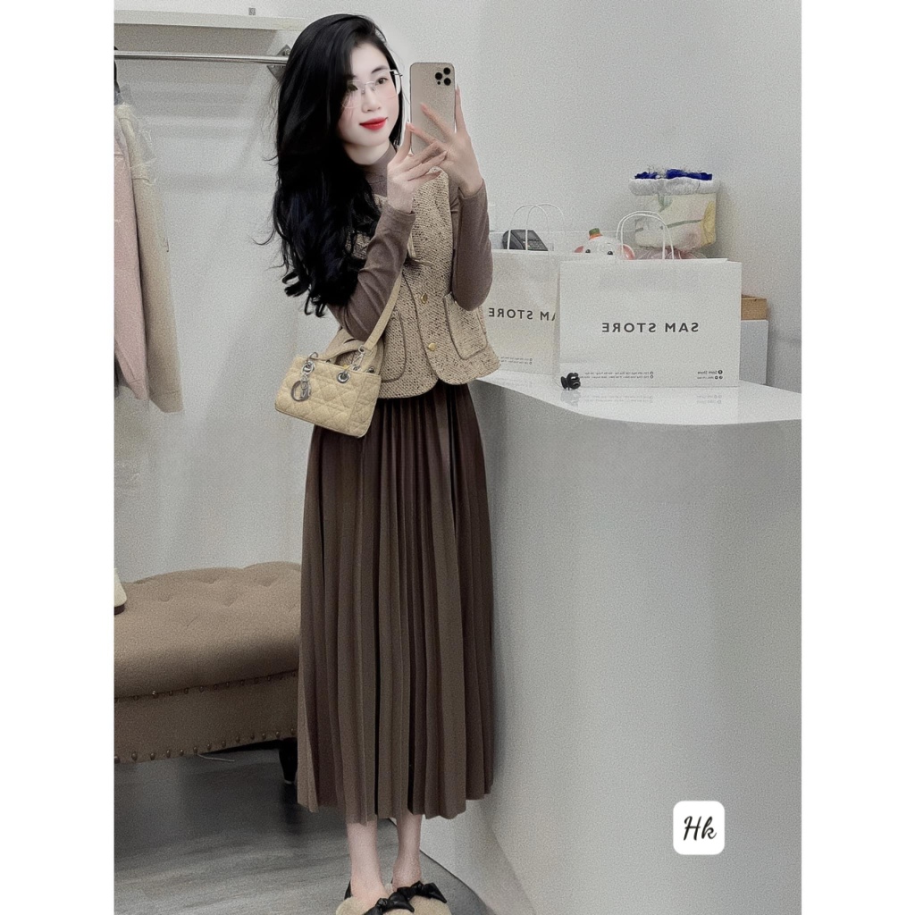 Set/bộ váy kèm áo khoác dạ nữ kiểu siêu đẹp, Váy body xoè dài tay mix áo gile dạ hàng QC - Anna.Store