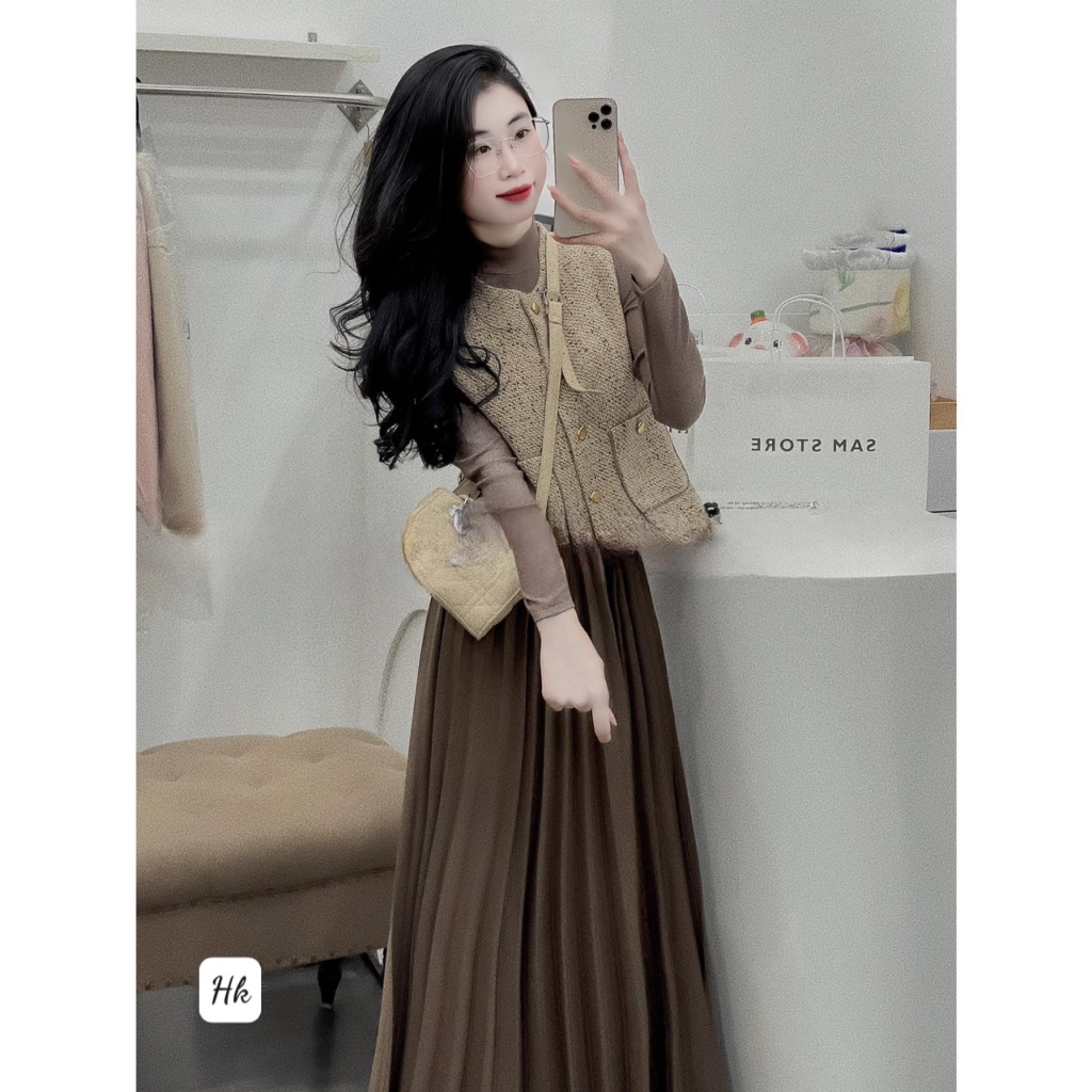 Set/bộ váy kèm áo khoác dạ nữ kiểu siêu đẹp, Váy body xoè dài tay mix áo gile dạ hàng QC - Anna.Store