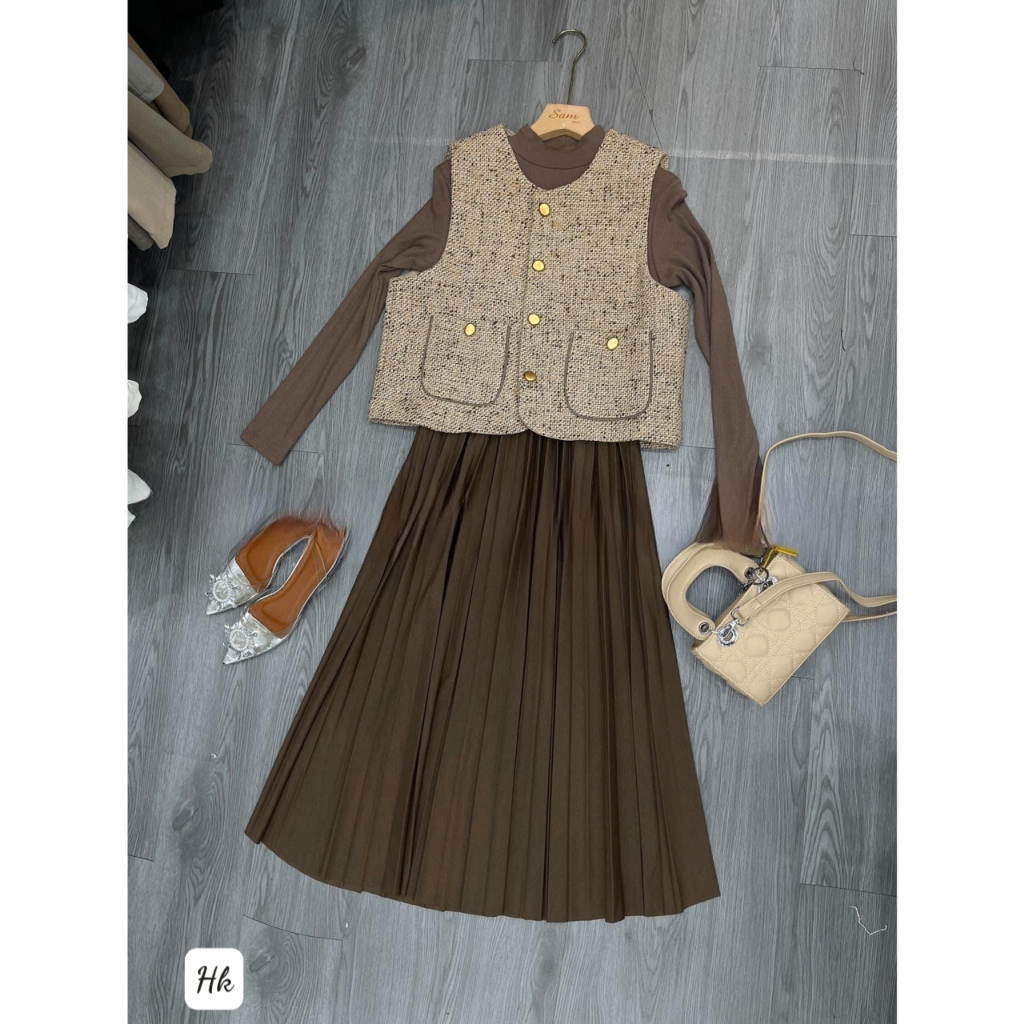 Set/bộ váy kèm áo khoác dạ nữ kiểu siêu đẹp, Váy body xoè dài tay mix áo gile dạ hàng QC - Anna.Store