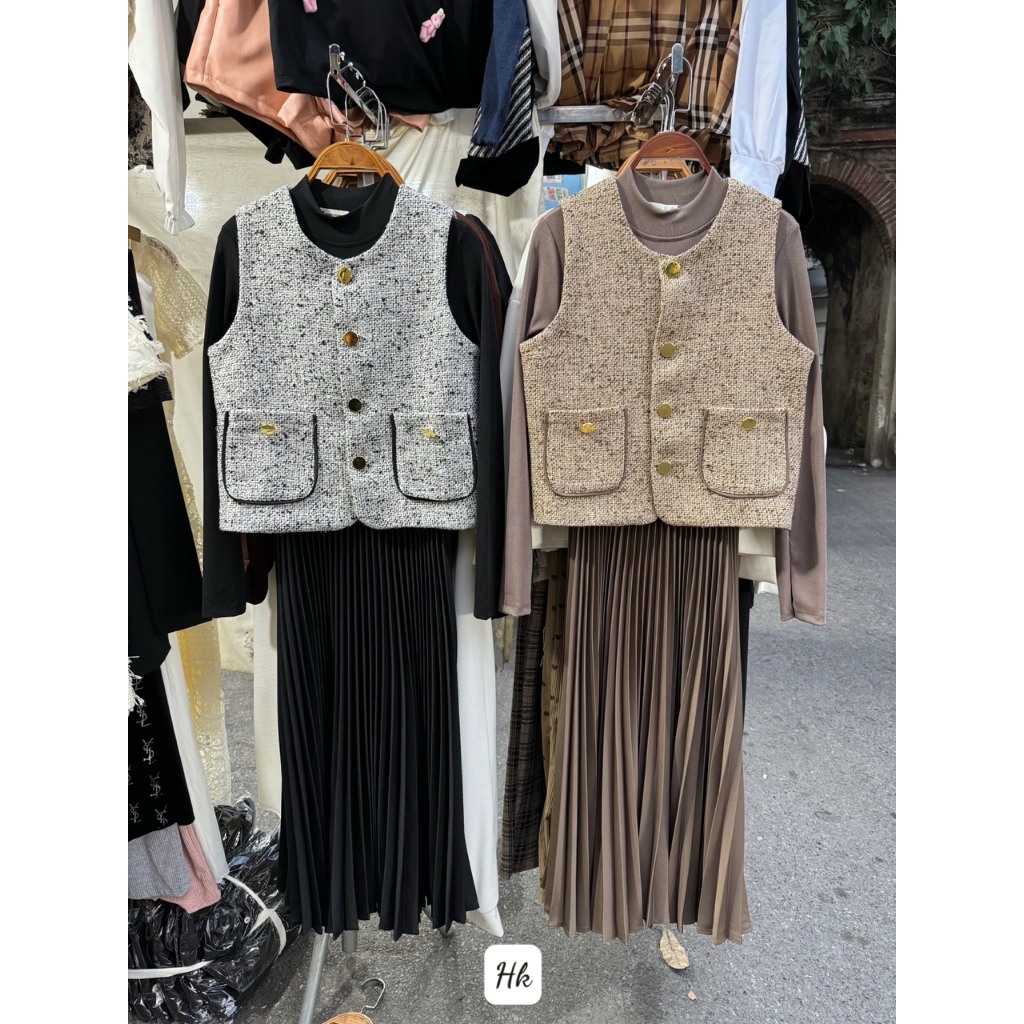 Set/bộ váy kèm áo khoác dạ nữ kiểu siêu đẹp, Váy body xoè dài tay mix áo gile dạ hàng QC - Anna.Store