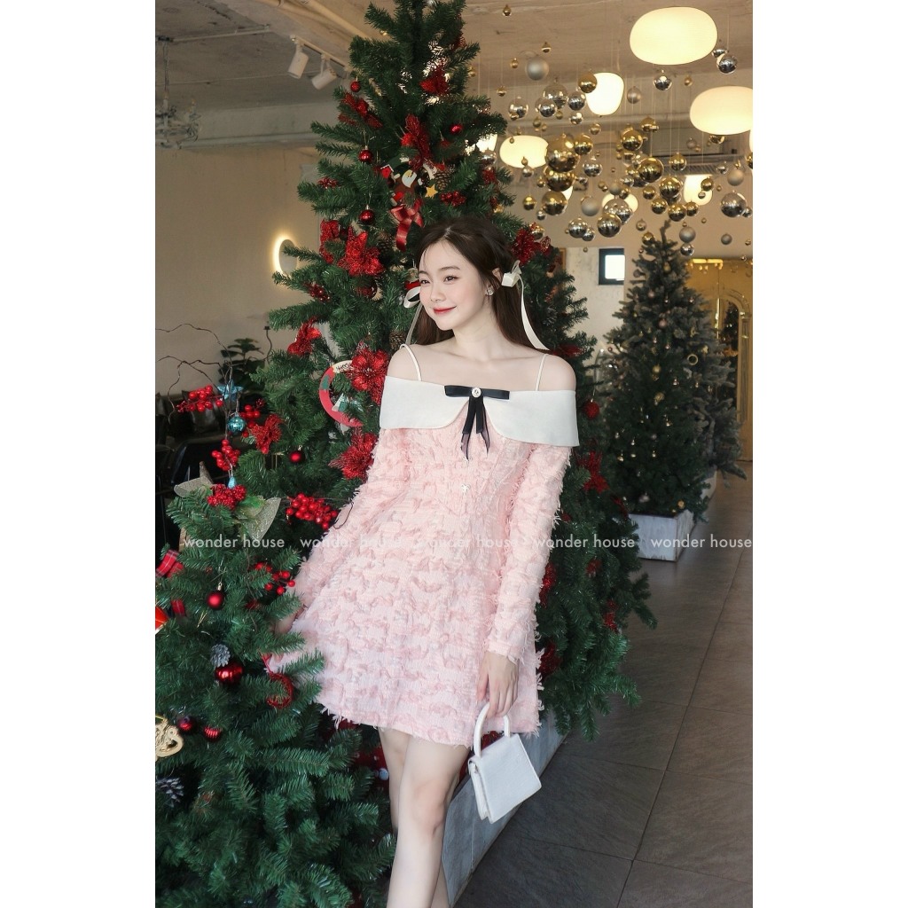 Đầm thiết kế WonderHouse Jisoo Dress trễ vai tay dài chất vải Tweed dạ dày dặn dự tiệc, dạo phố sang chảnh