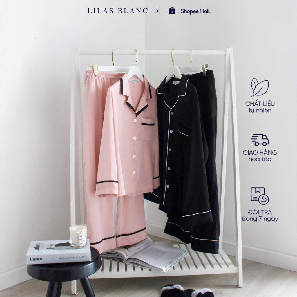 Bộ Pyjamas Đôi Nam Nữ Áo Dài Quần Dài Chất Liệu Lụa Thêu Chữ Amour LILAS BLANC