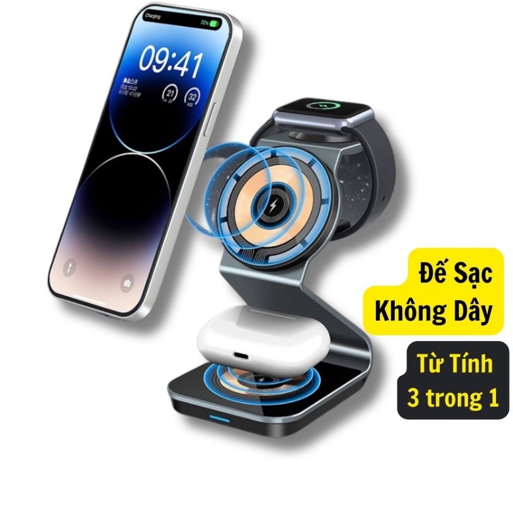 Đế Sạc Không Dây 15W 3 trong 1 dành cho 1phone Android - Đế sạc nhanh không dây kiêm báo thức, đèn ngủ
