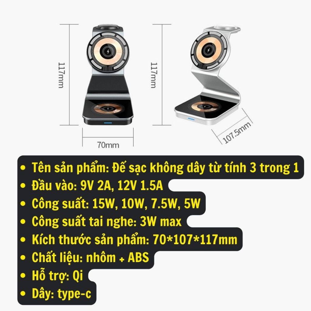Đế Sạc Không Dây 15W 3 trong 1 dành cho 1phone Android - Đế sạc nhanh không dây kiêm báo thức, đèn ngủ