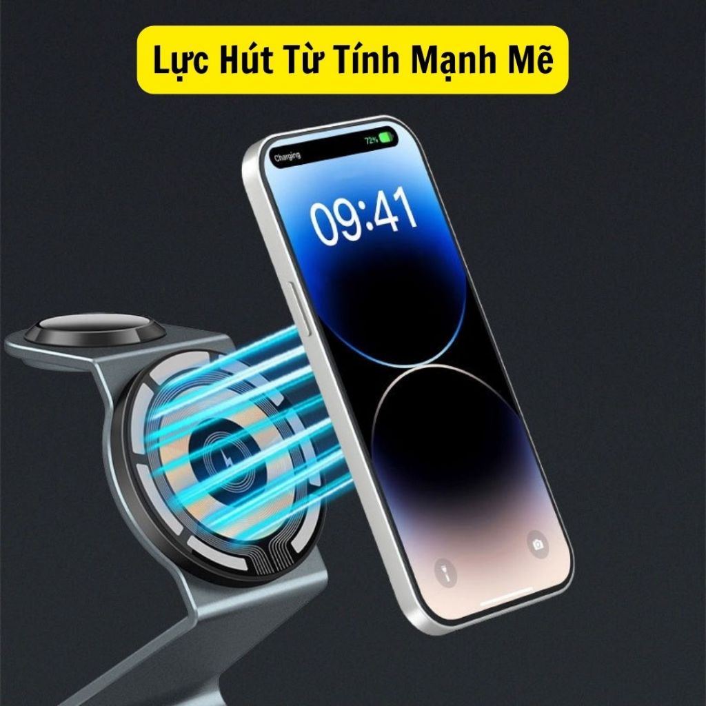 Đế Sạc Không Dây 15W 3 trong 1 dành cho 1phone Android - Đế sạc nhanh không dây kiêm báo thức, đèn ngủ