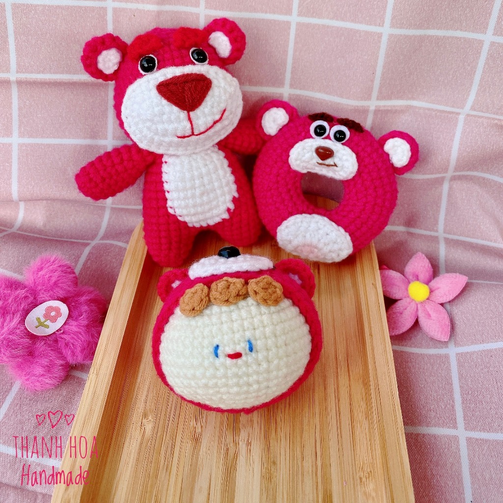 Gấu dâu lotso bằng len, Móc len gấu dâu Lotso, Gấu dâu Lotso handmade