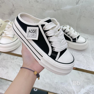 Giày sục thể thao nữ buộc dây, Giày đạp gót bít mũi màu đen, trắng phong cách Hàn Quốc - THUY STORE