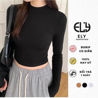 Áo croptop nữ tay dài cổ tròn vải thun coton co giãn 4 chiều kiểu basic dáng ôm body màu đen đẹp ELY278