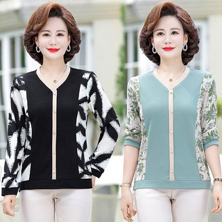 Áo nữ trung niên sang trọng, Áo kiểu trung niên nữ tay dài phối họa tiết chất liệu thun mềm mịn phong cách thanh lịch