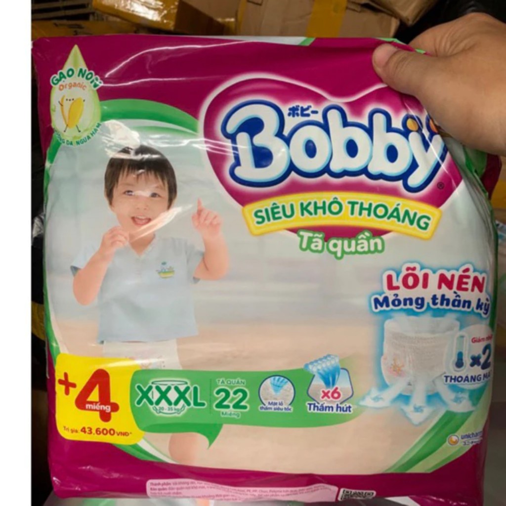 Tã quần bobby size XXXL 22 miếng tặng 4 miếng,bĩm quần bobby siêu thấm xxxl26 miếng cho bé 20-35kg