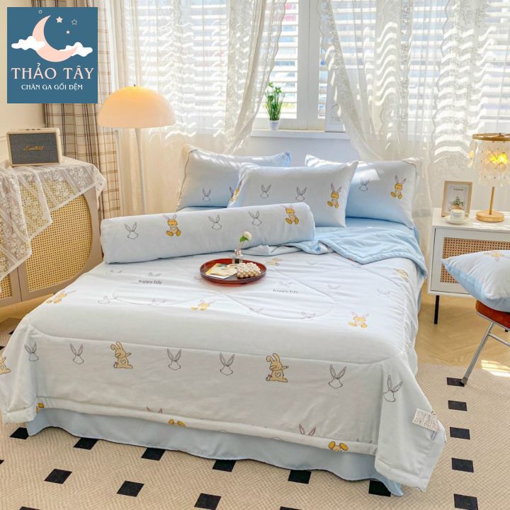 Set chăn ga 5 món cotton đũi thô chăn trần hoạ tiết vitage