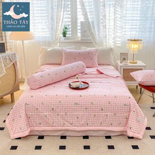 Set chăn ga 5 món cotton đũi thô chăn trần hoạ tiết vitage