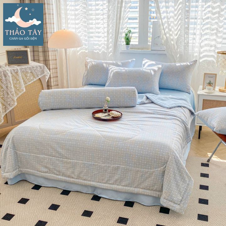 Set chăn ga 5 món cotton đũi thô chăn trần hoạ tiết vitage