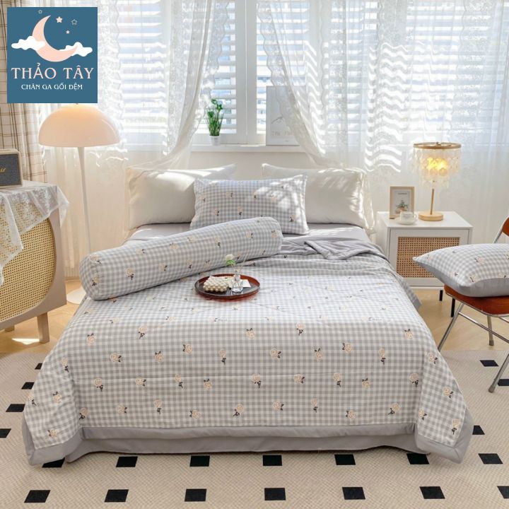 Set chăn ga 5 món cotton đũi thô chăn trần hoạ tiết vitage